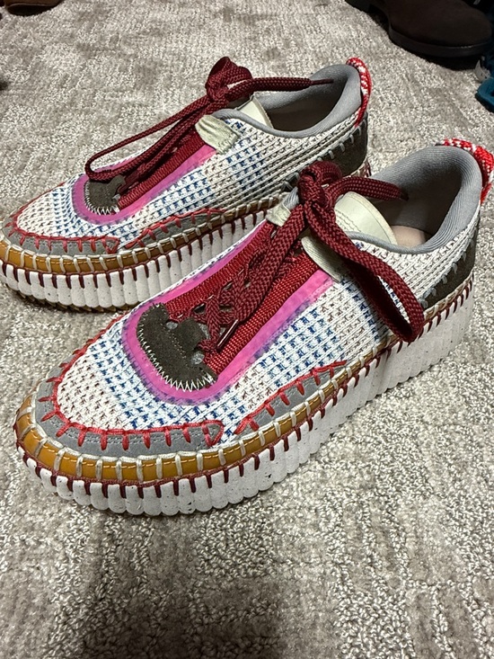 Chloe Shoes - Chloe Multicolor Woven Lace-Up Sneakers with Burgundy Laces